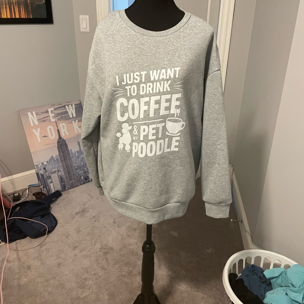 Gray Crew Neck Sweater with Coffee and Dog Print
